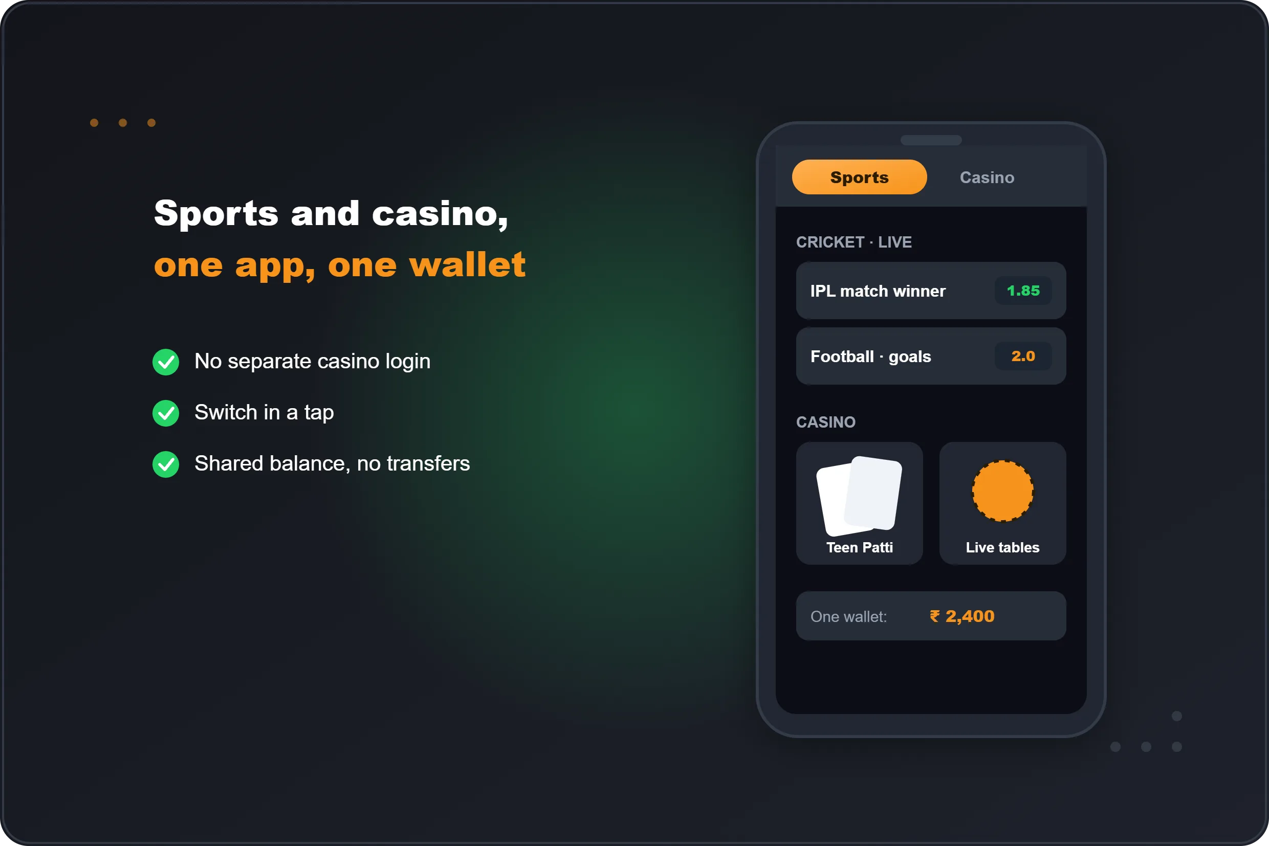 FairPlay app combining sports betting and casino in one mobile interface with a shared wallet