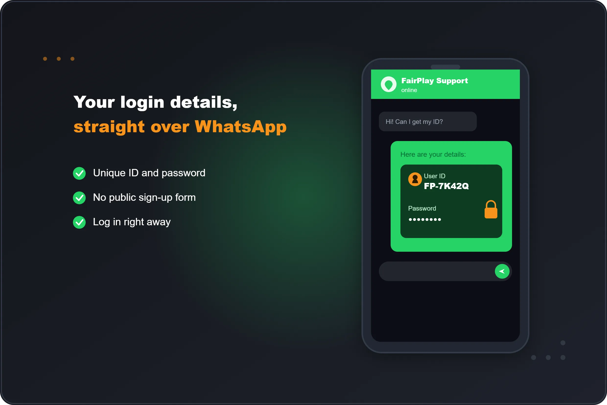 FairPlay login credentials delivered as an ID and password over a WhatsApp chat